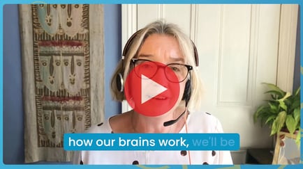 Video still with play button and trainer captioned saying '... how our brains work, we'll be...'
